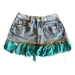 Denim and Teal Ruffle Skirt y2k handmade 00